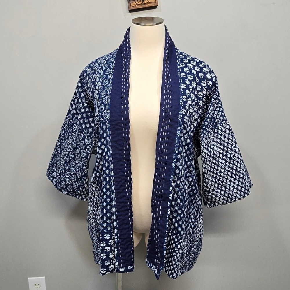 Kantha Quilt Kimono Jacket OS Indigo Blue Patchwork Cotton Art to Wear Lagenlook
